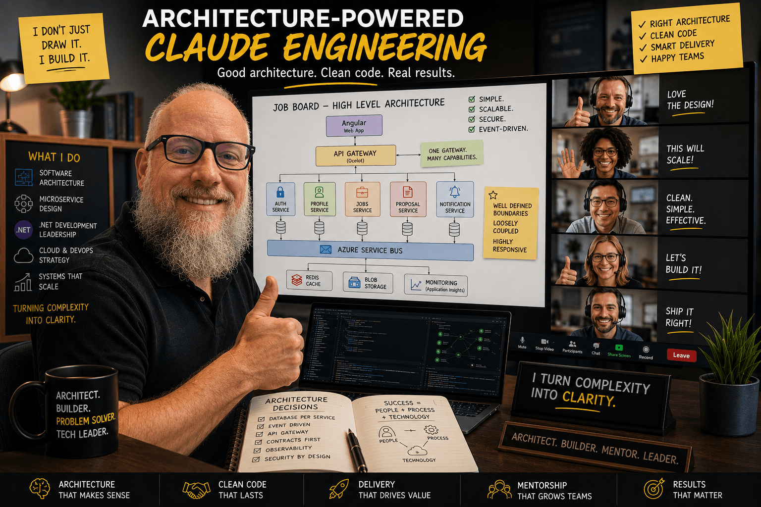 A .claude toolkit and architecture diagrams feeding into a five-service event-driven job board