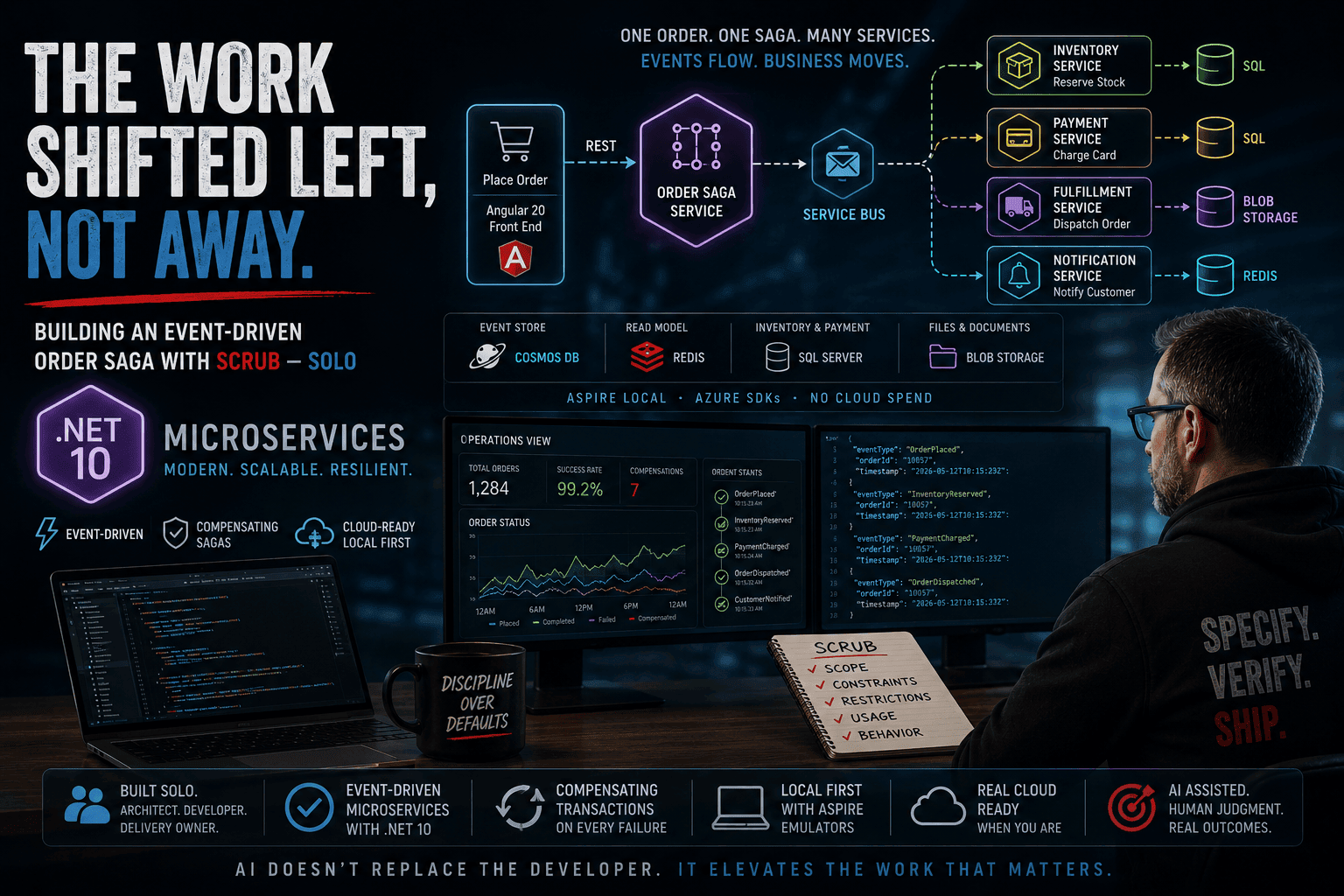 An event-driven order saga: an Angular front end and five .NET services — Order, Inventory, Payment, Fulfillment, Notification — with a compensation path on every failure