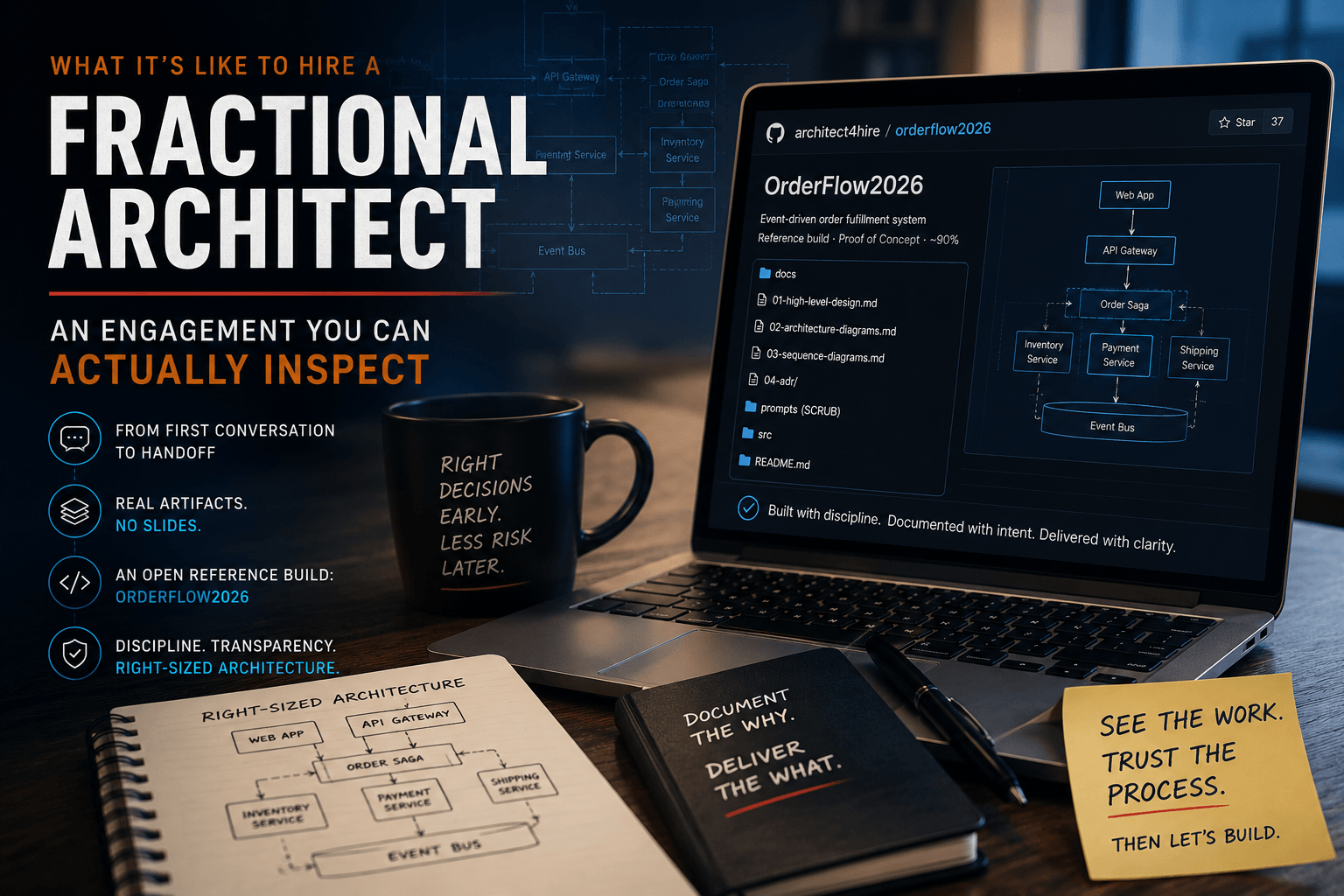 The OrderFlow2026 reference build: an event-driven order fulfillment system published as a public example of an Architect4Hire engagement